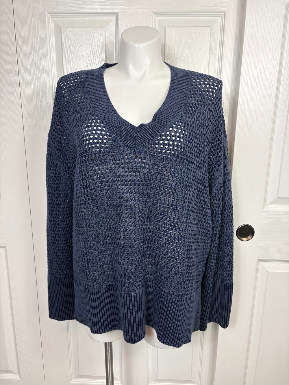 Gap Women's V-Neck Open Knit Crochet Cotton Sweater Blue Size XXL Tall NWT
